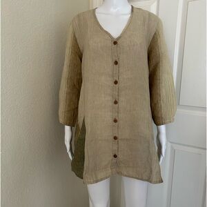 Flax- Striped Linen tunic Button down with 3/4 sleeves Earthy Tones Size S